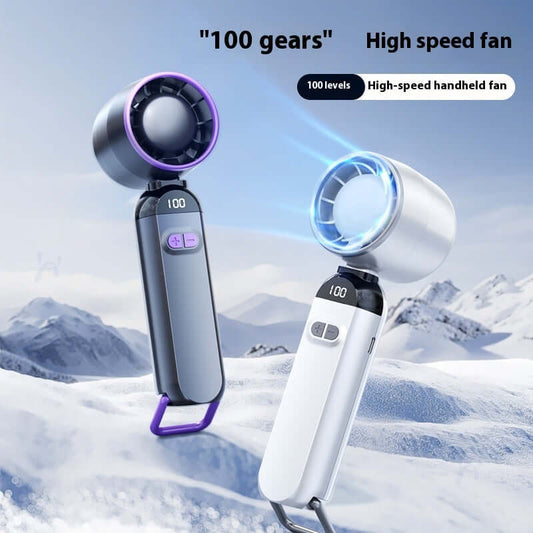 High-speed portable fan with digital display, adjustable speed settings, and a sleek design in moon white and gray purple.
