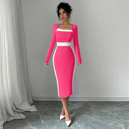 Women's Patchwork Color-block Sexy Long-sleeve Bodycon Dress