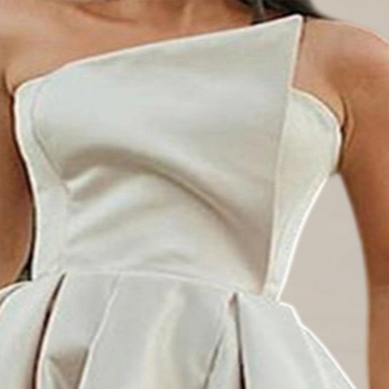 Women's Solid Color Strapless Evening Gown, High Slit Ruched Bust And Flared Skirt For Banquet & Formal Events