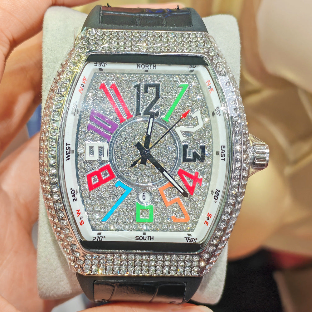 montre minimaliste en cuir avec accents en diamant sur fond scintillant