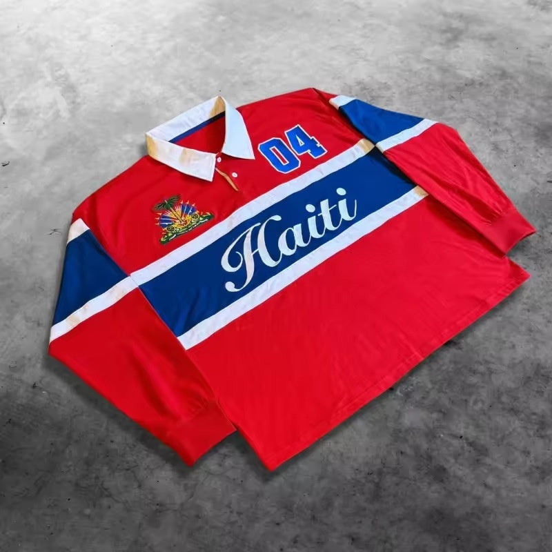 T-shirt rétro américain brodé homme avec motif Haïti et manches longues, style hip-hop, couleur rouge.