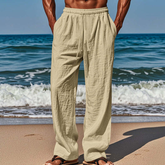 Independent Site European And American Men's Linen Mid-Waist Solid Color With Drawstring