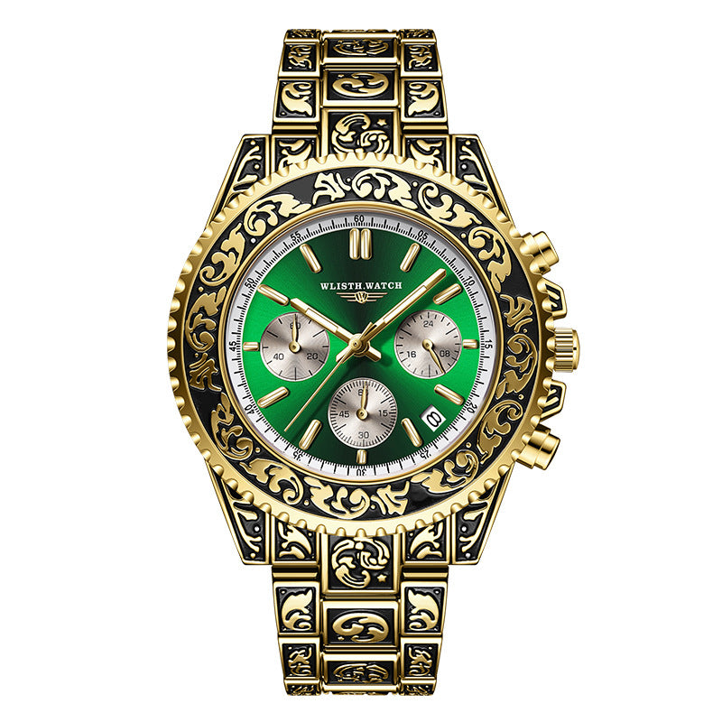 montre homme vintage multifonction avec cadran vert et bracelet doré ornés de motifs élégants.