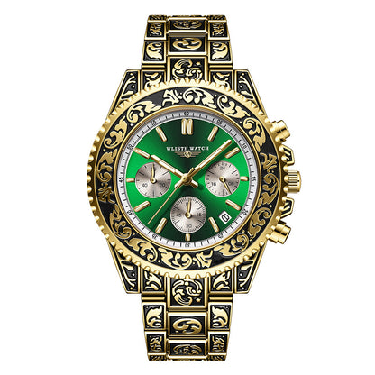 montre homme vintage multifonction avec cadran vert et bracelet doré ornés de motifs élégants.