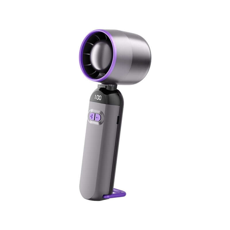 Mini portable turbine fan with digital display in gray and purple, USB powered for convenience.