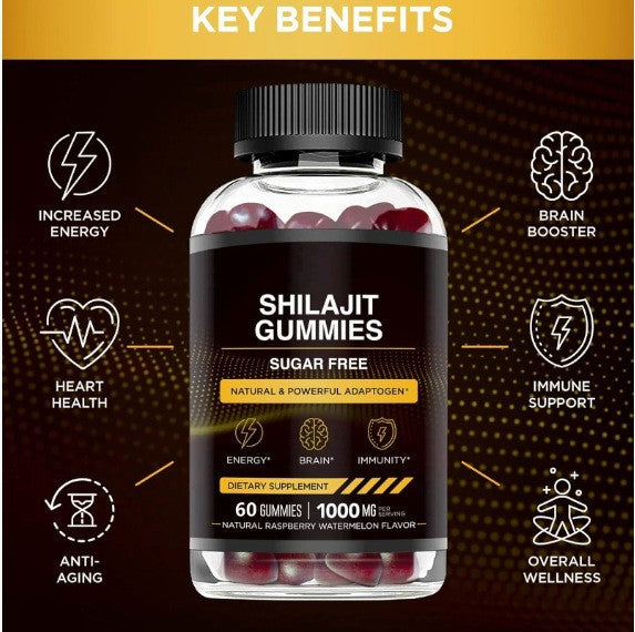 Bouteille de gummies shilajit bio avec bénéfices clés: énergie, santé cardiaque, soutien immunitaire, bien-être global.